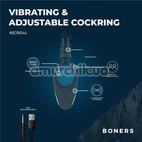 Віброкільце для члена Boners Adjustable Cock Ring, синє