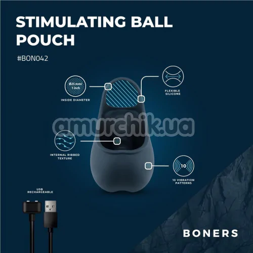 Насадка на мошонку з вібрацією Boners Stimulating Ball Pouch, синя