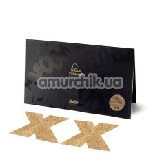 Прикраси для сосків Bijoux Indiscrets Flash Glitter Pasties Cross, золоті - Фото №1