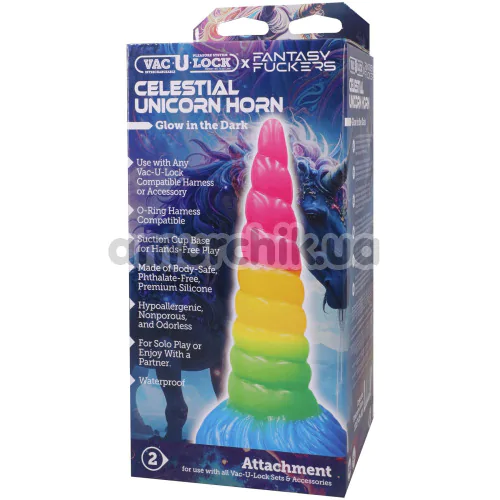 Фалоімітатор Doc Johnson Vac-U-Lock x Fantasy Fuckers Celestial Unicorn Horn - світиться в темряві, мультикольоровий