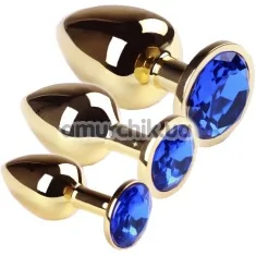 Набір з 3 анальних пробок з синім кристалом SWAROVSKI Gold Sapphire, золотий - Фото №1
