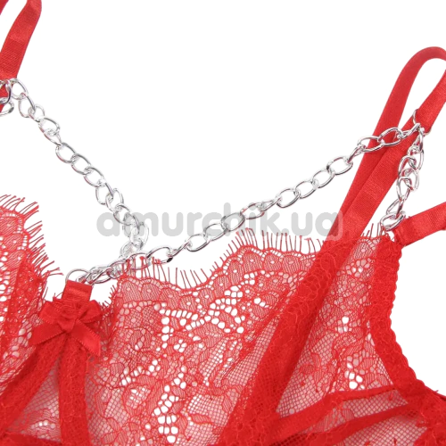 Комплект Star Night Sensual Feather & Chains, красный: бюстгальтер + трусики-стринги + пояс для чулок + гартеры