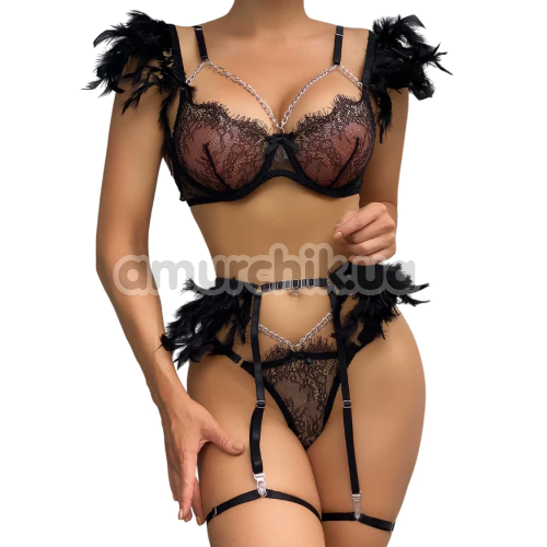 Комплект Star Night Sensual Feather & Chains, черный: бюстгальтер + трусики-стринги + пояс для чулок + гартеры