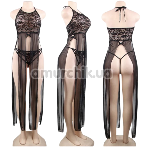 Комплект Star Night Allure Lacy Nightgown Set, черный: пеньюар + трусики-стринги