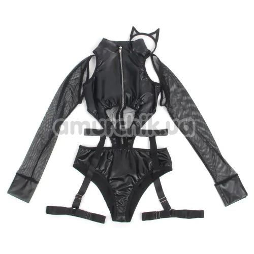 Костюм кішечки Star Night Faux Leather Kitty Set, чорний: боді + гартери + вушка