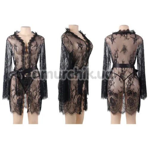 Комплект Star Night Valerie Lace Robe, чорний: халатик + трусики-стрінги