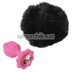 Анальная пробка с розовым кристаллом и черным хвостиком Alume Silicone Plug With Tail S, розовая - Фото №1