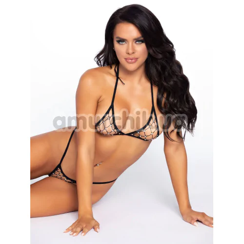 Комплект Leg Avenue Catch Me Rhinestone Net Bra Set, черный: бюстгальтер + трусики-стринги