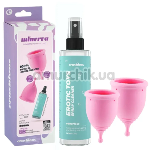 Набір з 2 менструальних чаш Crushious Minerva + антибактеріальний спрей для очистки секс-іграшок Crushious Erotic Toys Spray Cleaner, рожевий