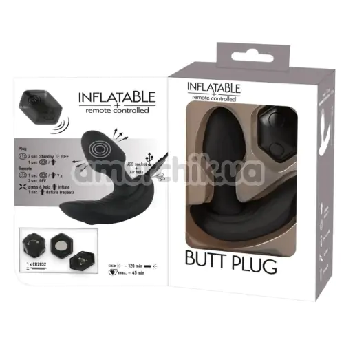 Анальна пробка з вібрацією і з голівкою, що збільшується Inflatable + Remote Controlled Butt Plug, чорна