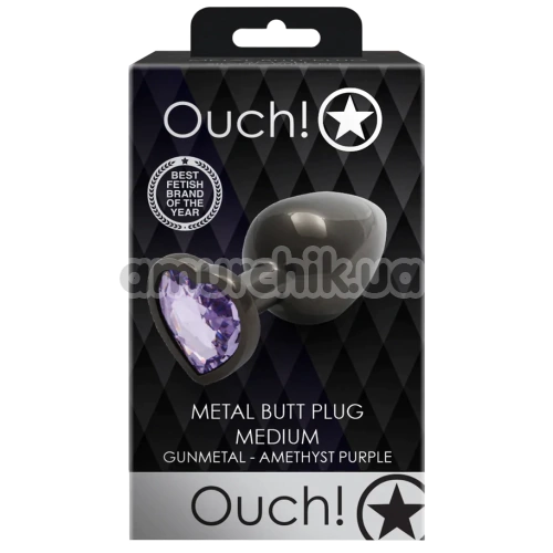 Анальна пробка з фіолетовим кристалом Ouch! Heart Metal Butt Plug Medium, чорна