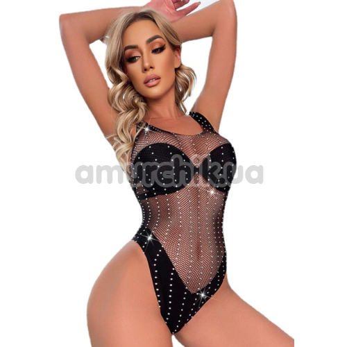 Боди Star Night Mesh Rhinestone Lines Bodysuit, черное