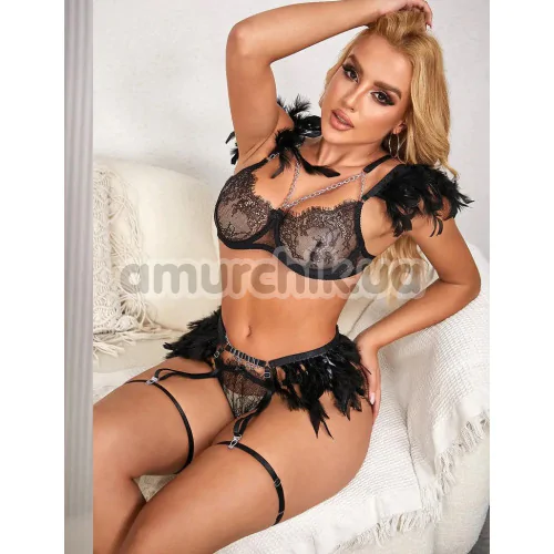 Комплект Star Night Sensual Feather & Chains, черный: бюстгальтер + трусики-стринги + пояс для чулок + гартеры
