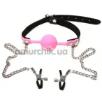 Кляп з затискачами для сосків DS Fetish Locking Gag With Nipple Clamps, рожево-чорний - Фото №1