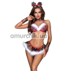Костюм новогодний JSY Sexy Lingerie 7921, красный: бюстгальтер + юбка-стринги + головной убор + чокер + перчатки - Фото №1