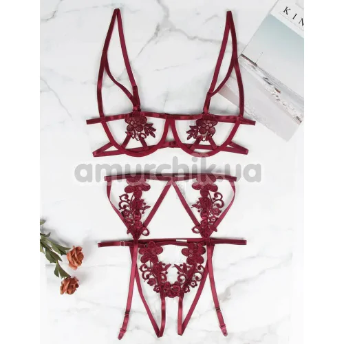 Комплект Star Night Summer Garden Lingerie Set, бордовый: бюстгальтер + трусики-стринги + пояс для чулок