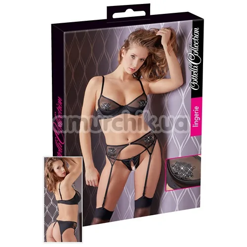 Комплект Cottelli Collection Lingerie 221258 черный: бюстгальтер + трусики-стринги + пояс для чулок