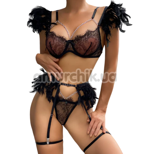 Комплект Star Night Sensual Feather & Chains, черный: бюстгальтер + трусики-стринги + пояс для чулок + гартеры