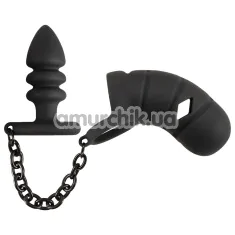 Пояс вірності з анальною пробкою Black Velvets Cock Cage With A Butt Plug, чорний - Фото №1
