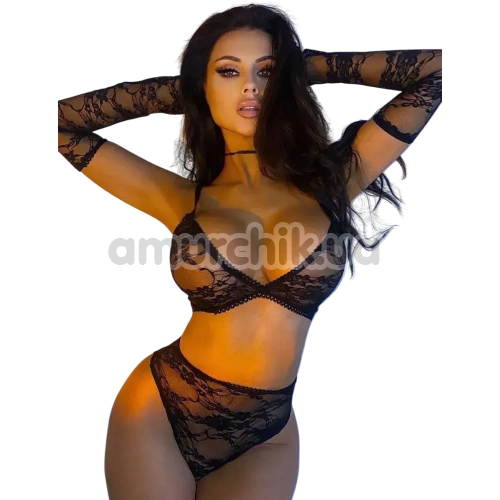 Комплект Star Night Lace Lingerie With Long Gloves, черный: бюстгальтер + трусики + перчатки