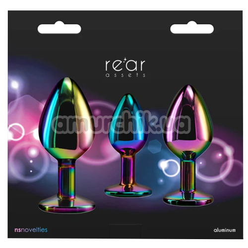 Набір анальних пробок з райдужним кристалом Rear Assets 3pc Metal Plug Kit, мультикольоровий