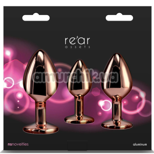 Набір анальних пробок з рожевим кристалом Rear Assets 3pc Metal Plug Kit, рожево-золотий