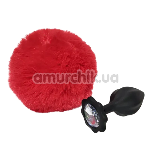 Анальна пробка з прозорим кристалом і червоним хвостиком Alume Silicone Plug With Tail S, чорна - Фото №1