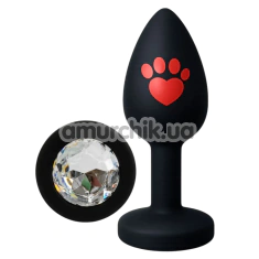 Анальна пробка з прозорим кристалом Alume Silicone Heart Paw Plug S, чорна - Фото №1