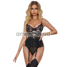 Боди с подвязками Star Night Lace Teddy With Garters, черное - Фото №1