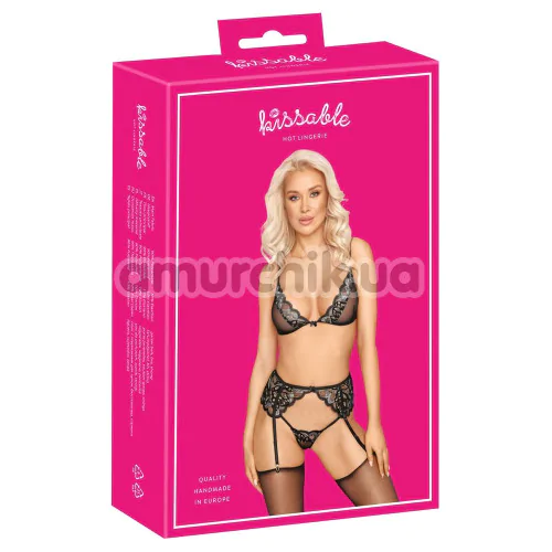 Комплект Kissable Suspender, чорний: бюстгальтер + пояс для панчіх + трусики-стрінги