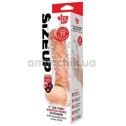 Насадка на пенис Size Up 3 Inch See-Thru Penis Extender With Pleasure Dots & Ball Loop, прозрачная