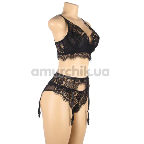 Комплект Star Night Midnight Noir Lace Lingerie Set, черный: бюстгальтер + трусики + пояс для чулок