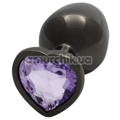 Анальна пробка з фіолетовим кристалом Ouch! Heart Metal Butt Plug Medium, чорна