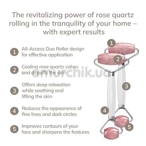 Роликовый массажер Geske Rose Quartz Face & Body Roller 5 in 1, белый