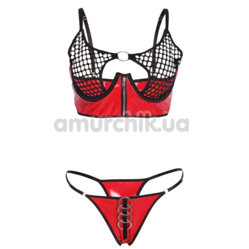 Комплект Star Night Mesh & Rings Set, червоно-чорний: бюстгальтер + трусики-стрінги