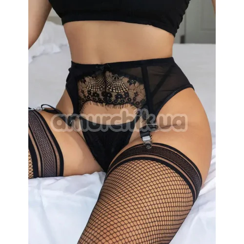 Комплект Star Night Sexy Eyelash Lace Set, черный: трусики-стринги + пояс для чулок
