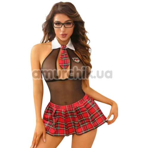 Костюм студентки JSY Sexy Lingerie 8312, чорно-червоний: боді + спідниця + краватка + окуляри - Фото №1