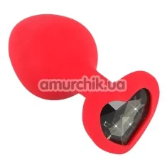 Анальная пробка с черным кристаллом Silicone Plug Medium, красная - Фото №1