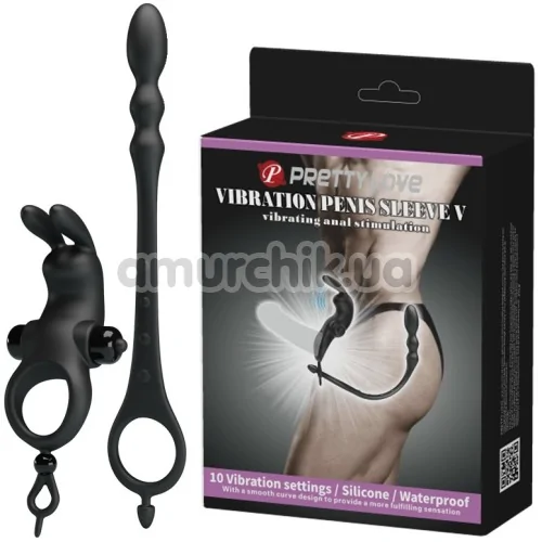 Виброкольцо с анальным стимулятором Pretty Love Vibration Penis Sleeve V, черное