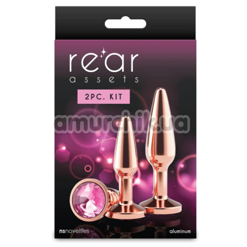 Набор анальных пробок с розовым кристаллом Rear Assets 2pc Tapered Metal Plug Kit, розово-золотой