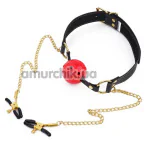 Кляп с зажимами для сосков Roomfun Mouth Gag & Nipple Clamps, черно-красный - Фото №1