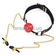 Кляп с зажимами для сосков Roomfun Mouth Gag & Nipple Clamps, черно-красный - Фото №1