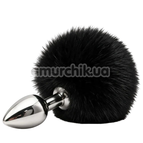Анальна пробка з чорним хвостиком DS Fetish Metal Plug With Bunny Tail, срібна