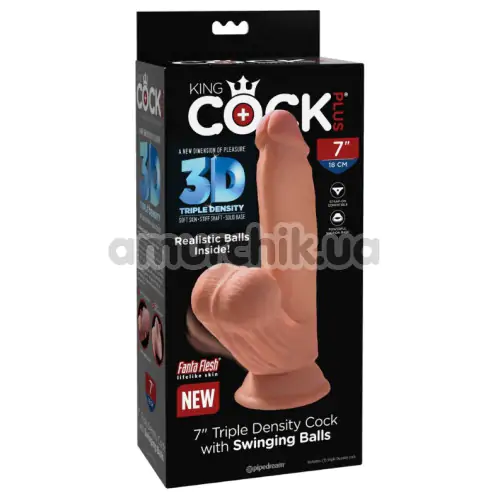 Фаллоимитатор King Cock Plus 7 Triple Density Cock With Swinging Balls, светло-коричневый