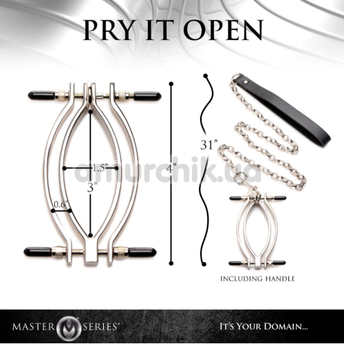 Зажим для половых губ с поводком Master Series Pussy Tugger, серебряный