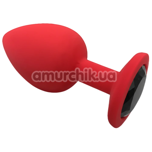 Анальная пробка с черным кристаллом Silicone Anal Plug Round Small, красная - Фото №1