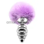 Анальна пробка з фіолетовим хвостиком Alive Anal Pleasure Metal Anal Fluffy Twist Plug M, срібна - Фото №1