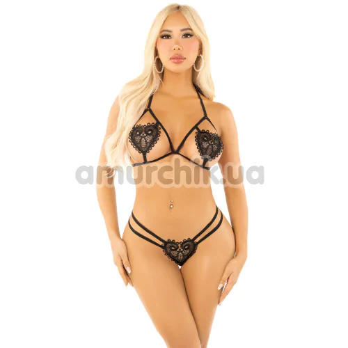 Комплект Leg Avenue Open Cup Bra and Pearl String, черный: бюстгальтер + трусики-стринги - Фото №1
