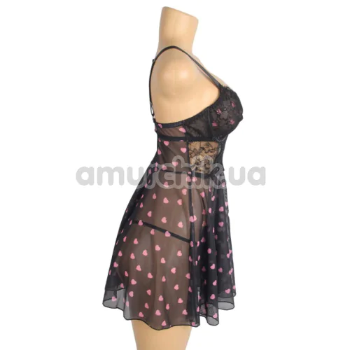 Комплект Star Night Sexy Black Lace Set With Heart Design, чорний: пеньюар + трусики-стрінги