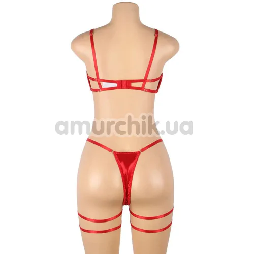 Комплект Star Night Openable Bow Sexy Bra Set, красный: бюстгальтер + трусики-стринги + гартеры